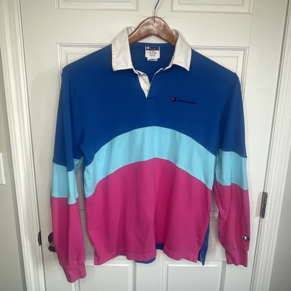 Vintage Champion Men’s Rugby Polo shirt Sz L Cotton Collegiate 90s Preppy Logo